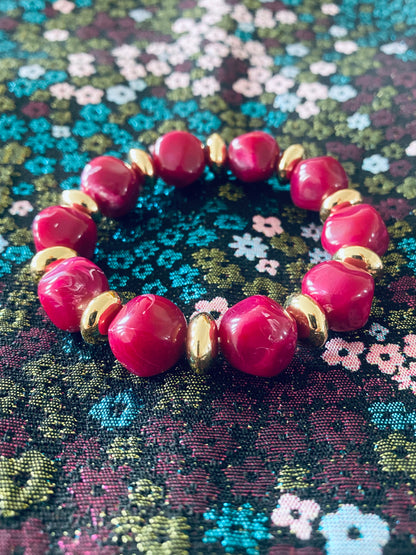 Fuchsia & Gold Stone Beaded Bracelet