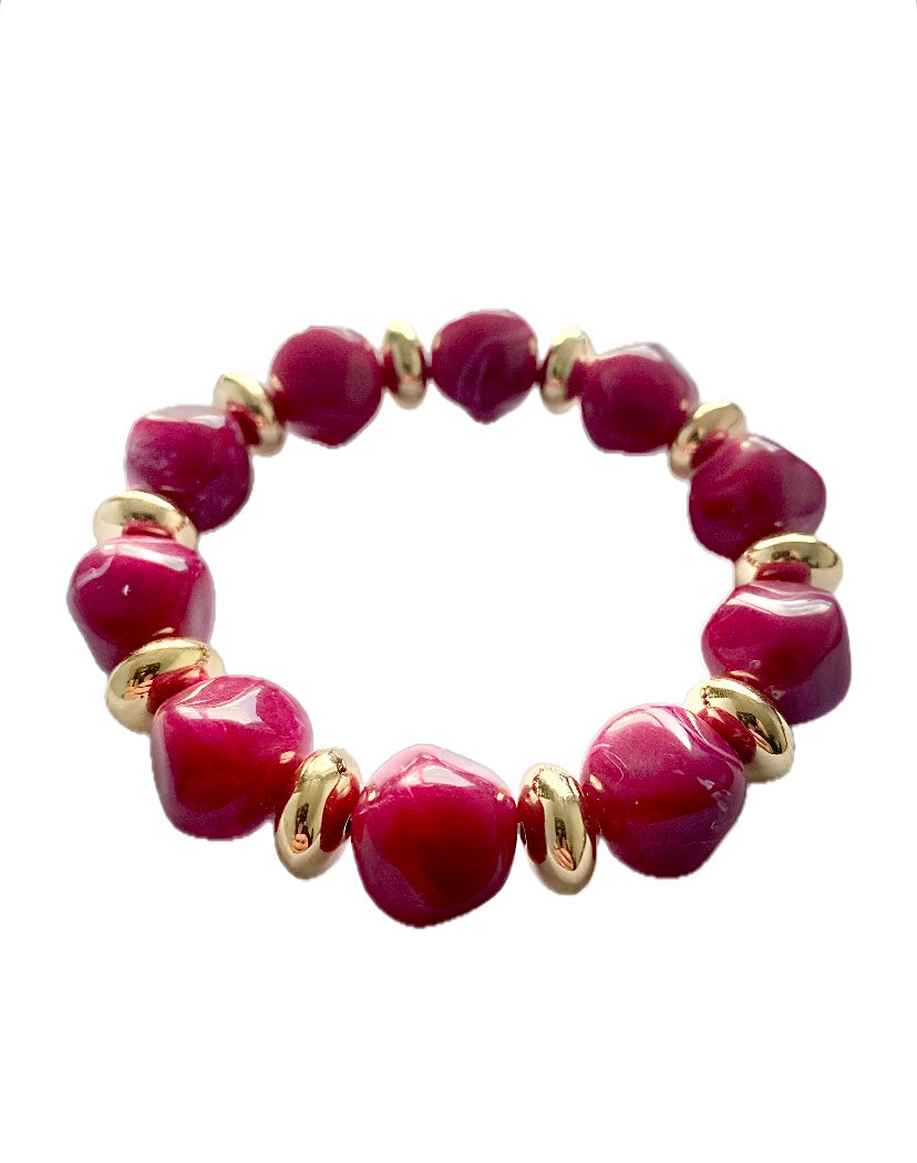 Fuchsia & Gold Stone Beaded Bracelet