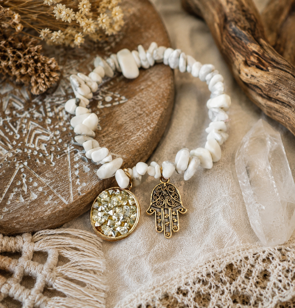 Hamsa White Howlite Crystal Bracelet - High Maintenance Jewellery