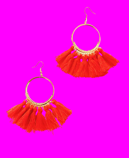 Red Tassel Statement Hoop Earrings